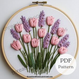 Tulip Floral Bunch Embroidery Pattern, Lavender and Pink Floral Embroidery Pattern, Hand Embroidery Pattern, DIY Pattern, Flower Bunch Embroidery Pattern.