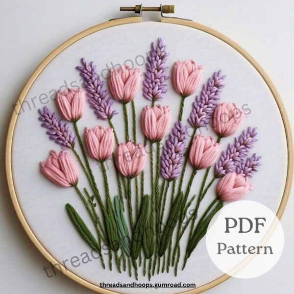 Tulip Floral Bunch Embroidery Pattern, Lavender and Pink Floral Embroidery Pattern, Hand Embroidery Pattern, DIY Pattern, Flower Bunch Embroidery Pattern.